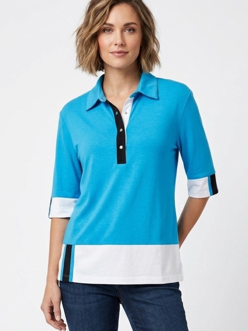 CRACKED WHEAT Blue White Black Top Polo Activewear Golf Tennis Snaps Size Large
